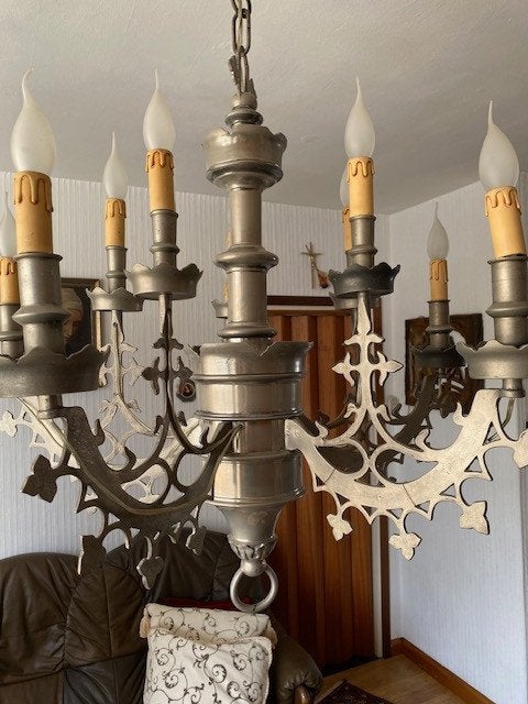 Antieke hanglamp / kroonluchter massief chroom vanadium, Huis en Inrichting, E14 (klein), Zo goed als nieuw, Metaal, Antiek