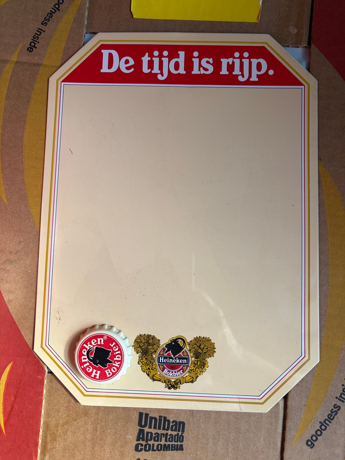 Heineken bokbier magneet bord tinplate met magneet jaren 80, Ophalen of Verzenden, Nieuw, Reclamebord, Plaat of Schild, Heineken