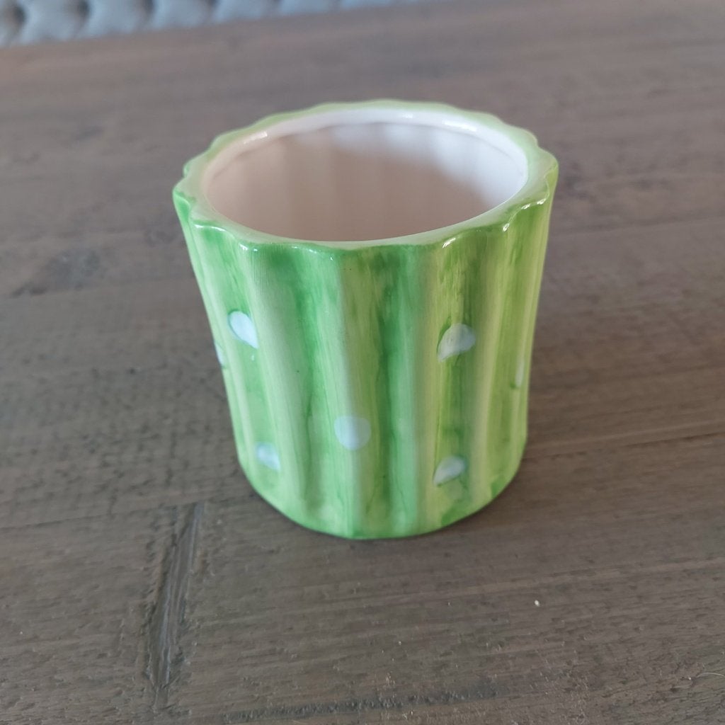 Klein bloempotje - groen wit geribbeld - ca. 9 x 9 cm, Rond, Ophalen of Verzenden, Zo goed als nieuw, Aardewerk
