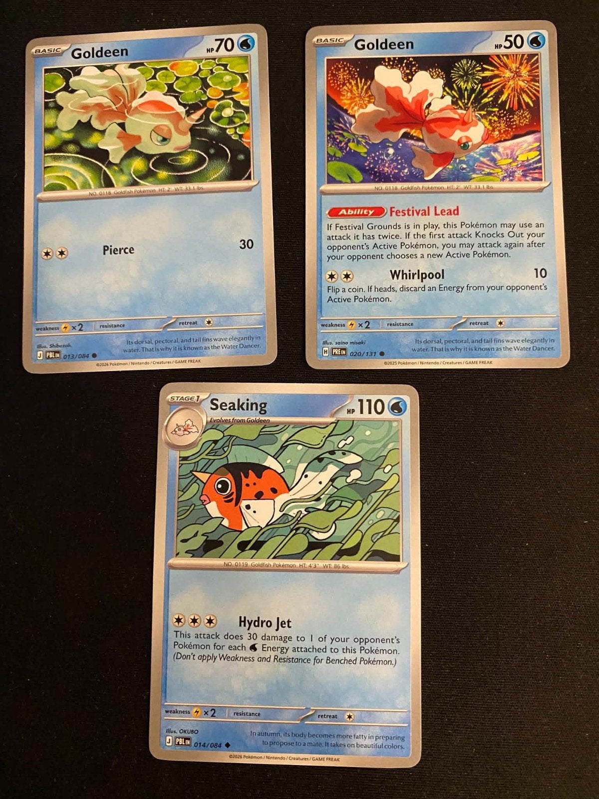 Pokémon Kaarten: Goldeen en Seaking (3 stuks), Ophalen of Verzenden, Zo goed als nieuw, Meerdere kaarten