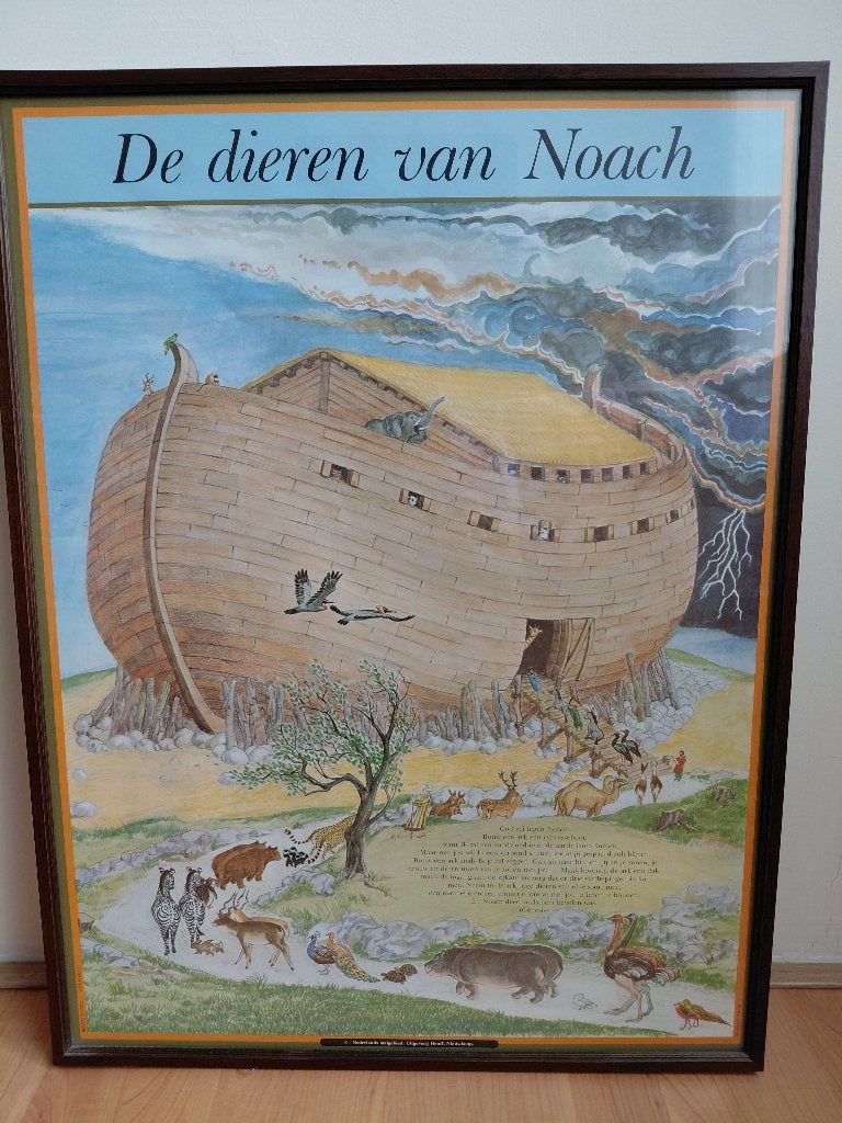 Vintage Prent "De dieren van Noach" mooi ingelijst, Ophalen of Verzenden, Overige typen, Achter glas