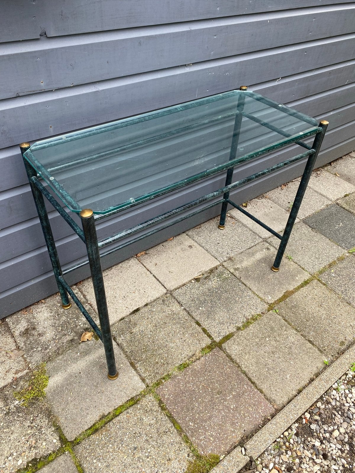 Glazen bijzettafel met metalen frame, Ophalen, Gebruikt, 50 tot 100 cm, Glas