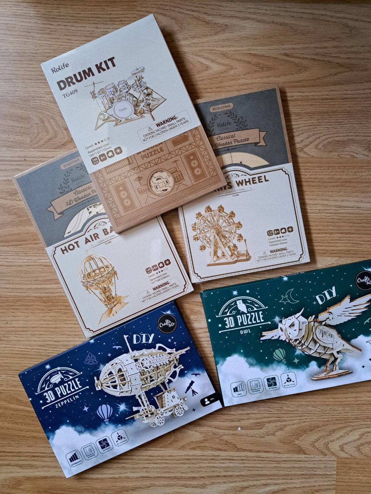 6 nieuwe Houten 3D Puzzels van o.a. Robotime, Rolling., Ophalen of Verzenden, Nieuw, Hout, Knutselset