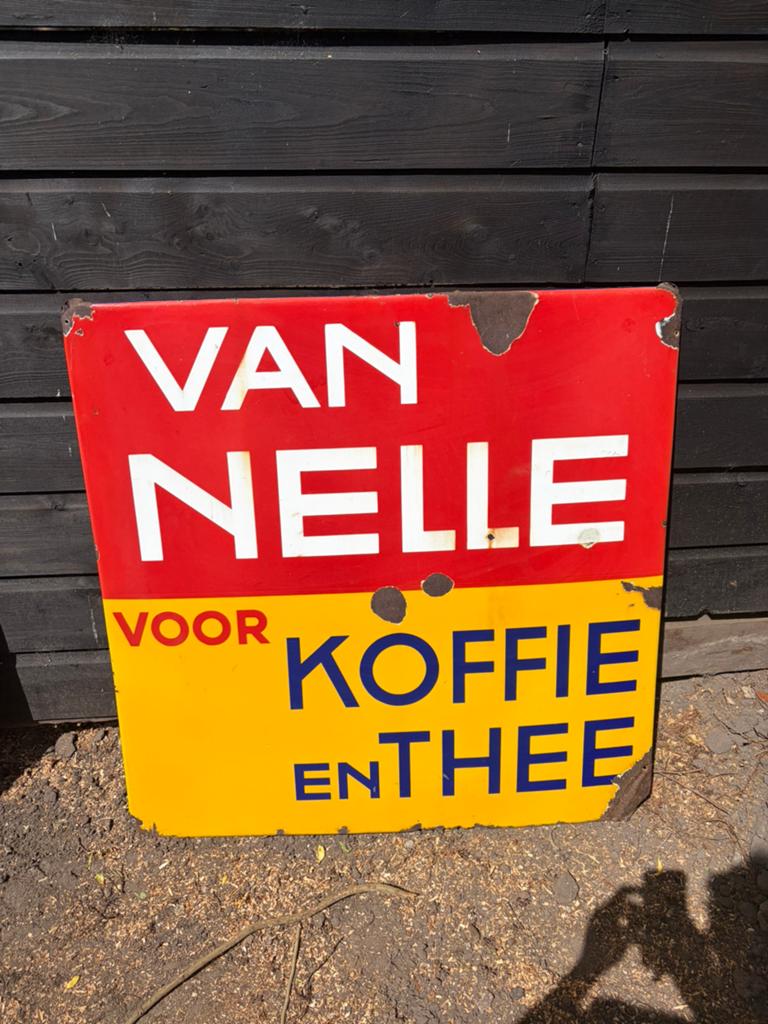 Van nelle emaille reclamebord GROOT, Verzamelen, Merken en Reclamevoorwerpen, Ophalen of Verzenden, Gebruikt, Reclamebord