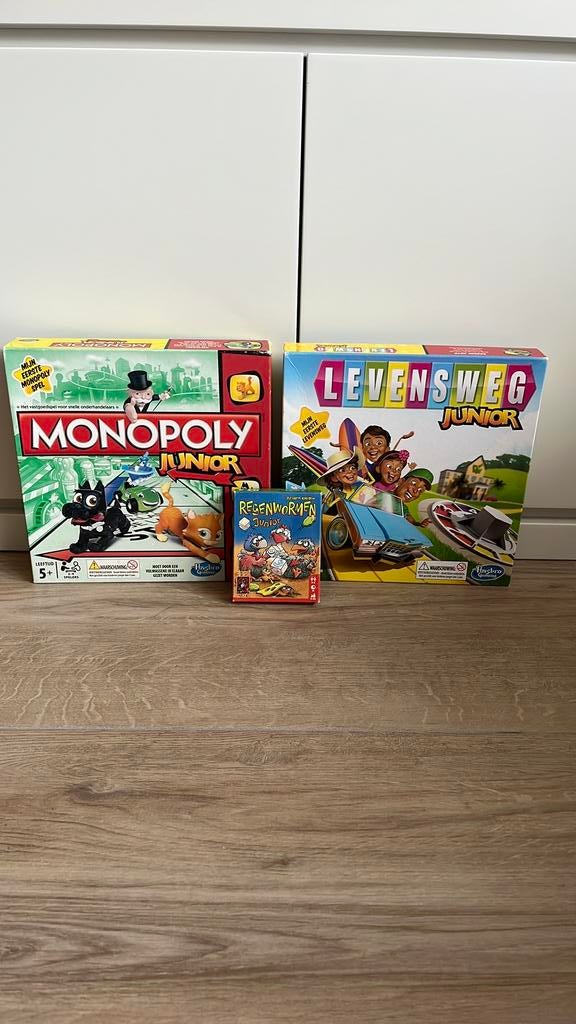 Drie junior spellen regenwormen monopoly en levensweg, Ophalen, Zo goed als nieuw