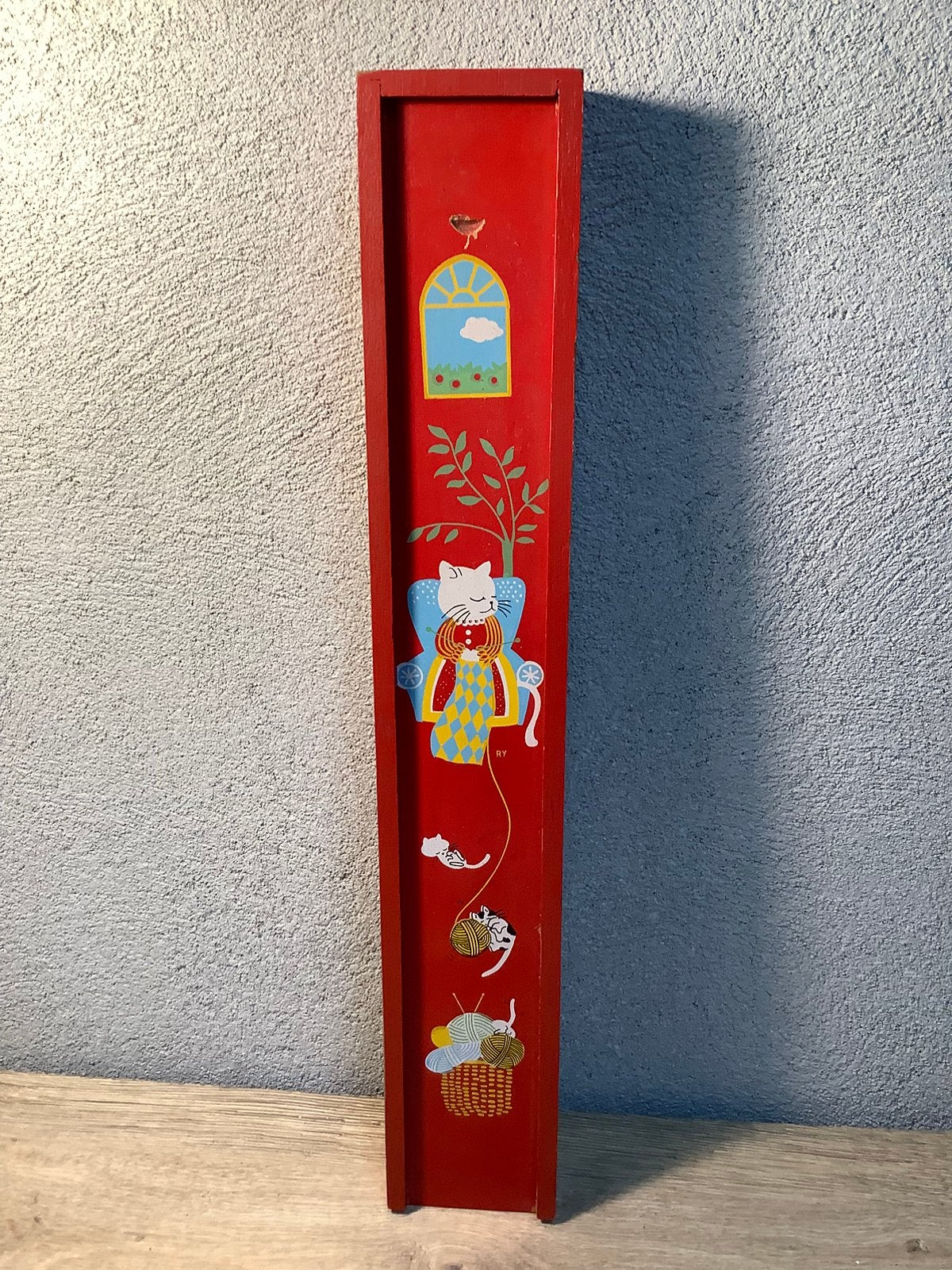 Vintage houten breinaaldenkoker met poezen, Ophalen of Verzenden, Gebruikt, Breien, Naald