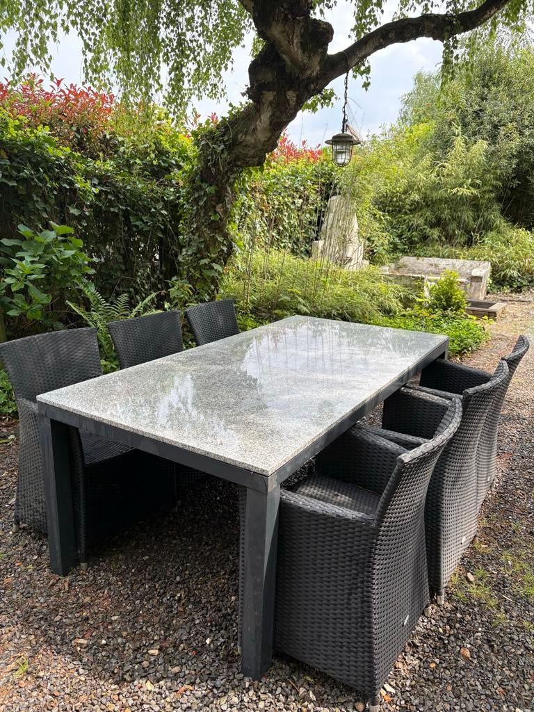 Granieten tuintafel (200x100x75 cm) met 6 stoelen, Tuin en Terras, Tuinsets en Loungesets, Ophalen, Gebruikt, Eettafel, 6 zitplaatsen