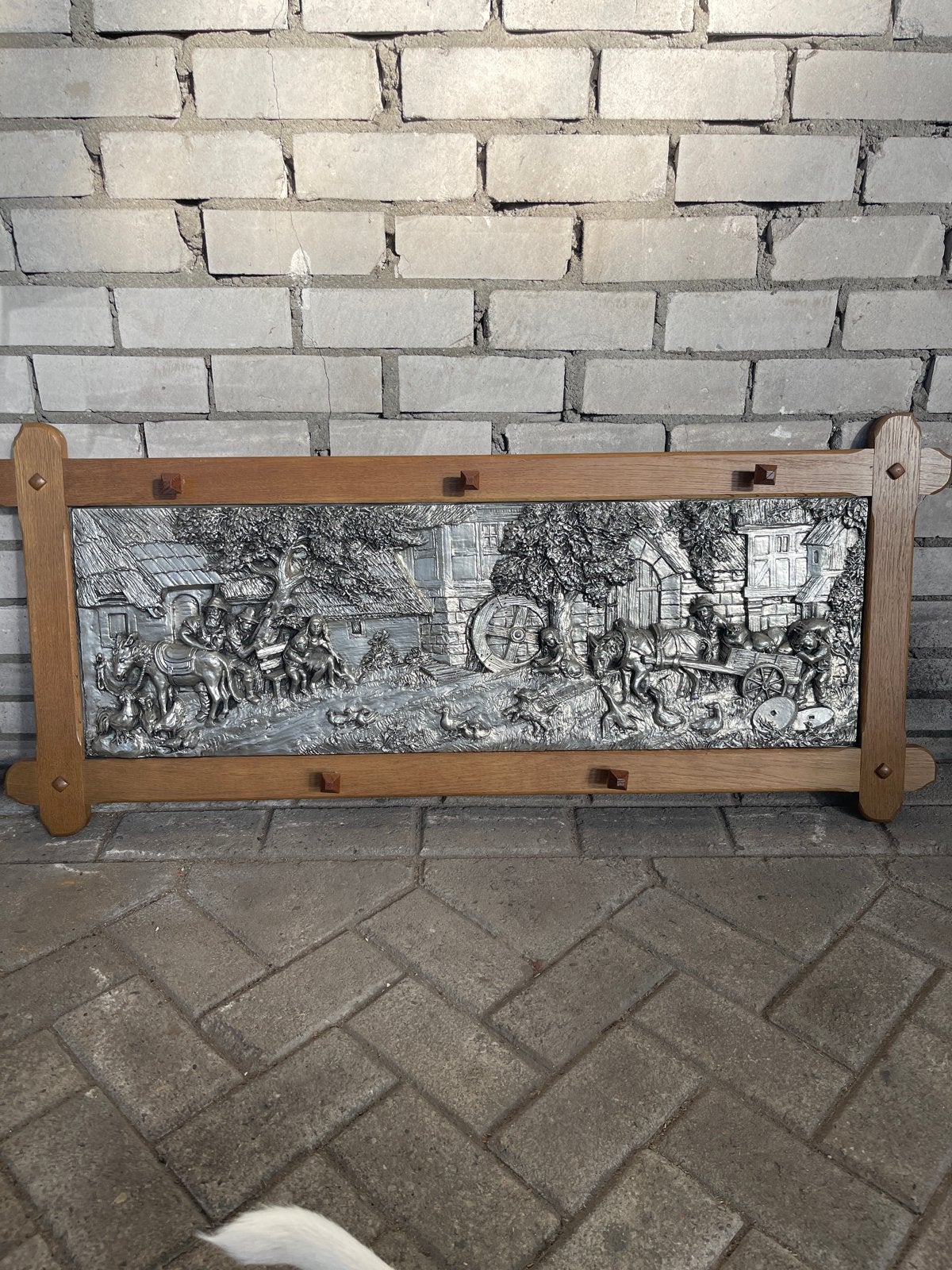 Decoratief tinnen wandpaneel met landelijk tafereel, Ophalen of Verzenden
