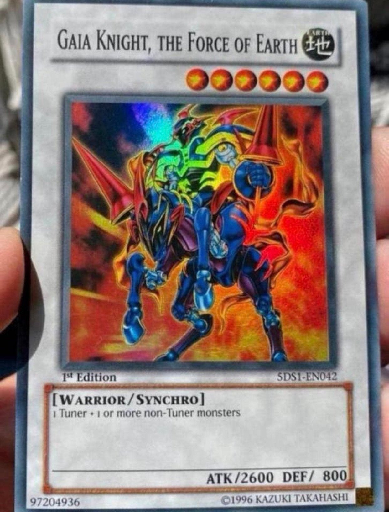 Yu-Gi-Oh! Gaia Knight, the Force of Earth 5DS1 1st Ed !, Ophalen of Verzenden, Zo goed als nieuw, Losse kaart, Foil