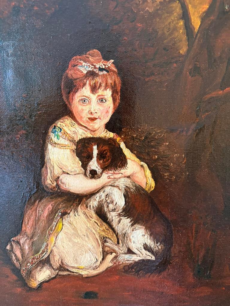 Oud Schilderij: meisje met spaniel of ierse setter, Antiek en Kunst, Ophalen of Verzenden