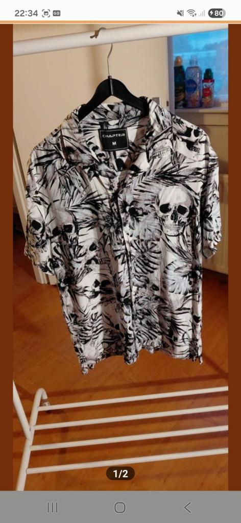 Zwart-wit Chapter overhemd met doodskoppen en bladeren, Kleding | Heren, Chapter, Zwart, Zo goed als nieuw, Halswijdte 39/40 (M)