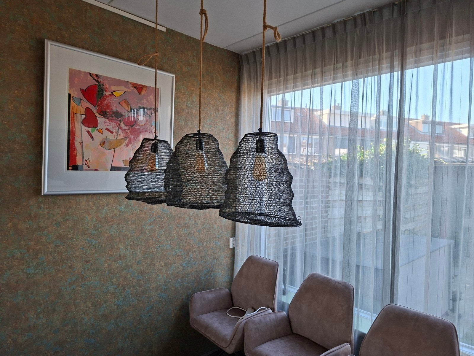 Moderne hanglamp met 3 lampen - Zwart metaal, Ophalen, Gebruikt, Hout, Modern, Industrieel