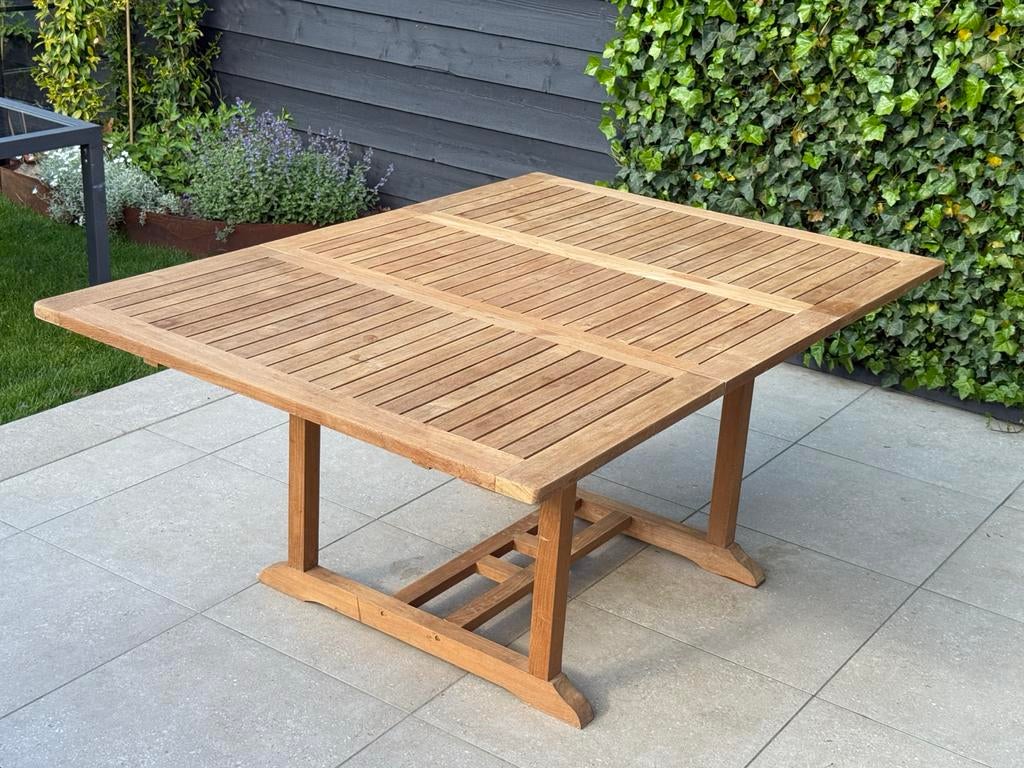 Teakhouten tuintafel - Uitschuifbaar 120x120-170cm vierkant, Tuin en Terras, Tuintafels, Ophalen, Zo goed als nieuw, Vierkant