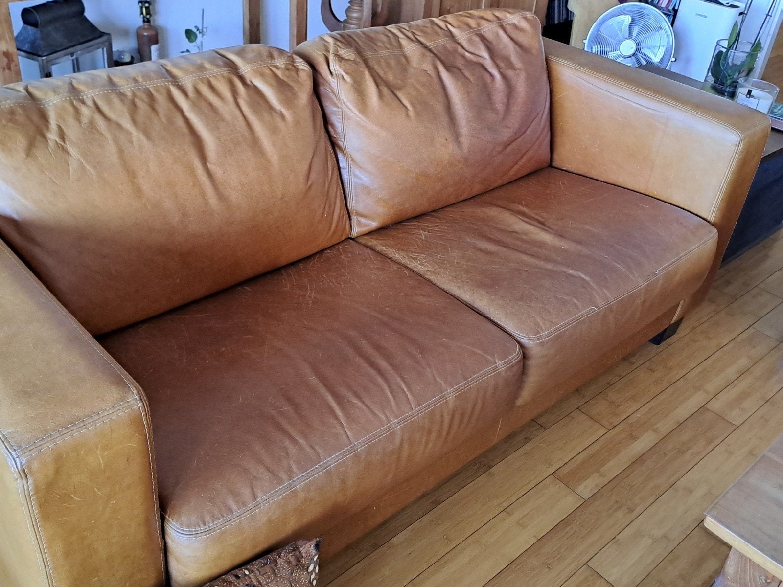 2 1/2 zits en 3 zits leren bank cognac kleur, Gebruikt, Ophalen of Verzenden, 200 tot 250 cm, Leer