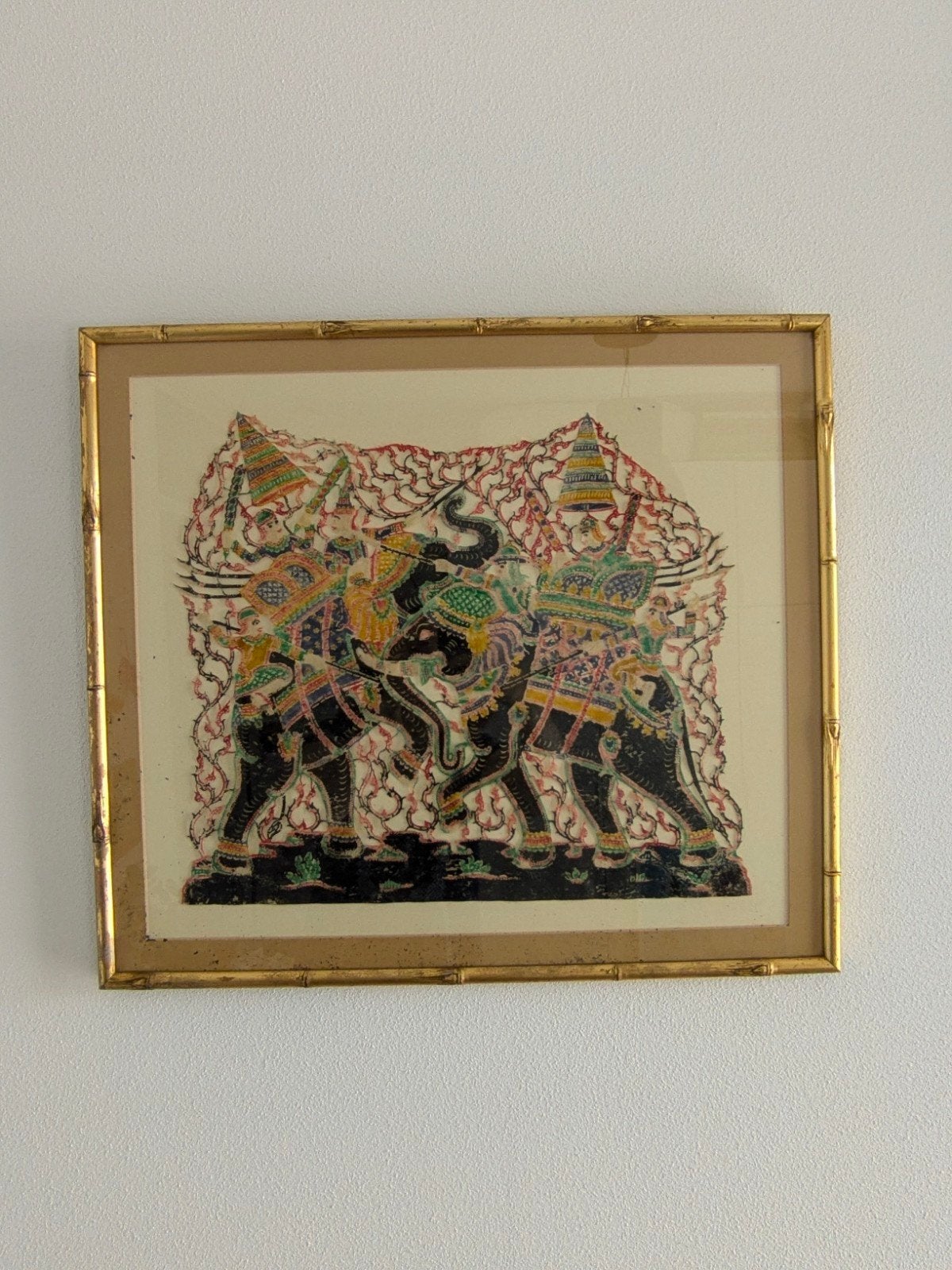Vintage Thaise olifantenschilderij in bamboe lijst, Ophalen of Verzenden