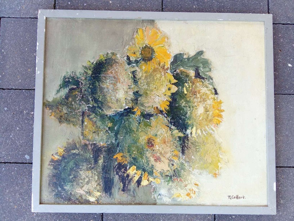 Schilderij zonnebloemen olieverfschilderij, Bloemen, Doek, Expressionistisch, Ophalen of Verzenden