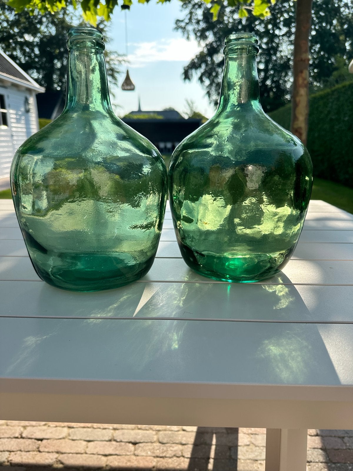Set Groene Glazen Vazen/Kruiken - 30 cm Hoog, Ophalen, Zo goed als nieuw, Groen, Glas
