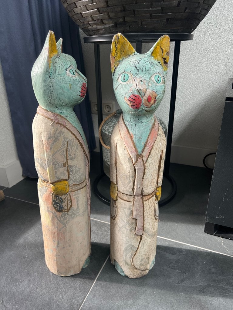 Houtsnijwerk oosterse kat bekleed met Batik vintage 60 cm, Overige onderwerpen, Handgemaakt, Beeld, Hout