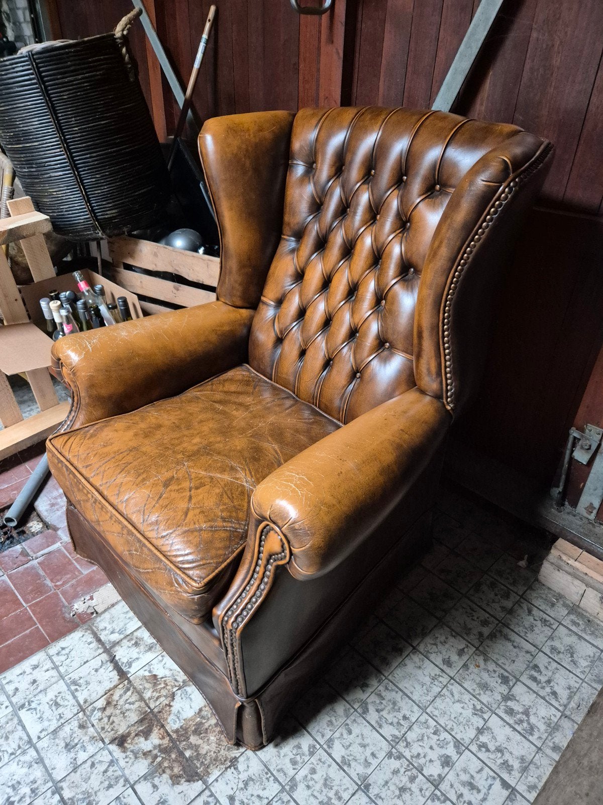 Vintage Chesterfield fauteuil - Bruin leer, Ophalen, Gebruikt, Chesterfield, Klassiek, Vintage, 75 tot 100 cm