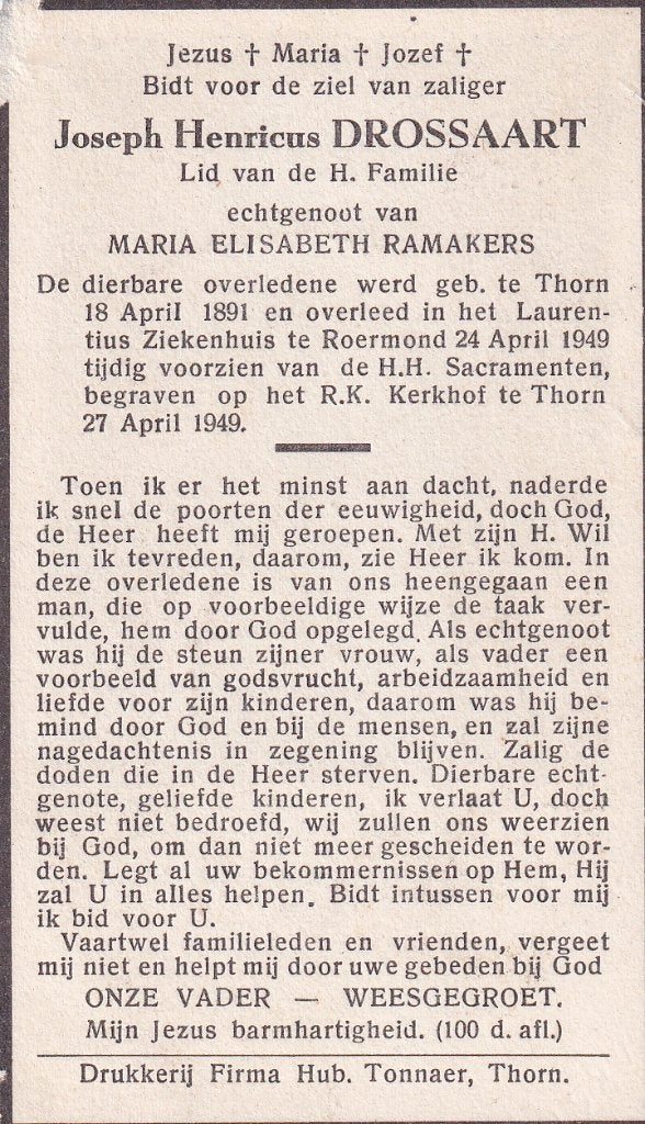 Drossaart Joseph 1891 Thorn 1949 Roermond, Ophalen of Verzenden, Bidprentje
