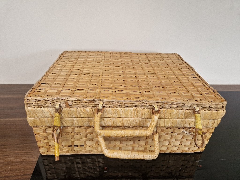 Vintage rieten opbergmand met deksel, Huis en Inrichting, Woonaccessoires | Schalen en Manden, Met deksel, Mand, Ophalen of Verzenden