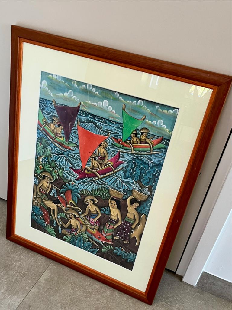Kunst uit Bali Indonesië - prachtig schilderij vissers boten, Ophalen