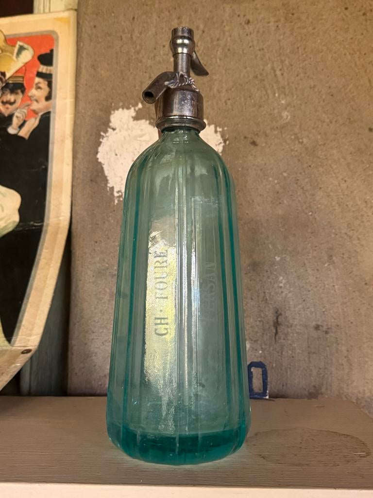 Antieke Franse spuitfles - 1936 - Blauw/groen glas, Ophalen of Verzenden