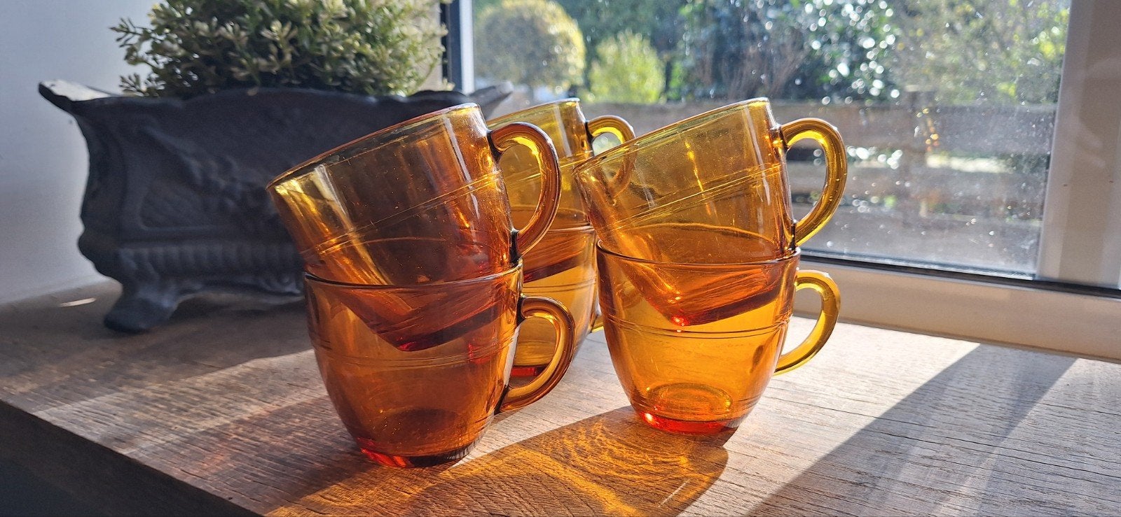 vintage duralex thee koffie kopjes amberkleurig 6stuks, Ophalen of Verzenden