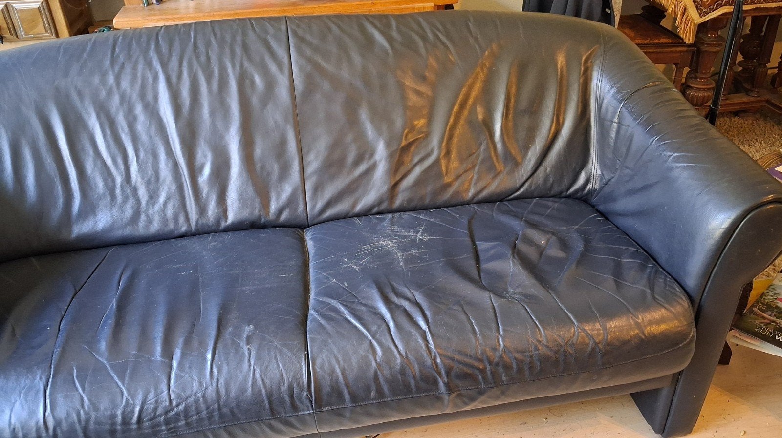blauwe leder 2,5 zitbank, Huis en Inrichting, Ophalen, Gebruikt, Overige maten, 150 tot 200 cm