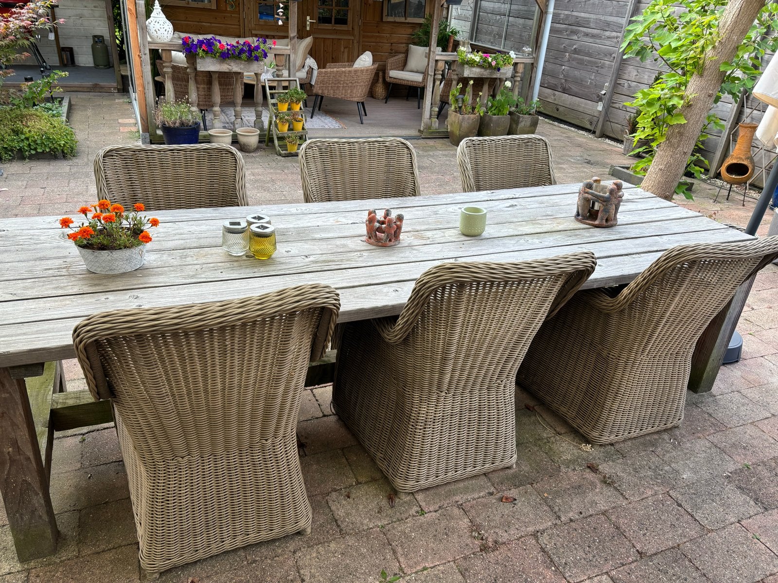 Douglas houten tuintafel met Wicker stoelen, Ophalen, Gebruikt, Rechthoekig, Hout