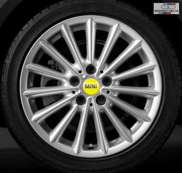 Mini naaf embleem logo set velg 56mm bright yellow nieuw 361, Gebruikt, -, Ophalen of Verzenden, Mini
