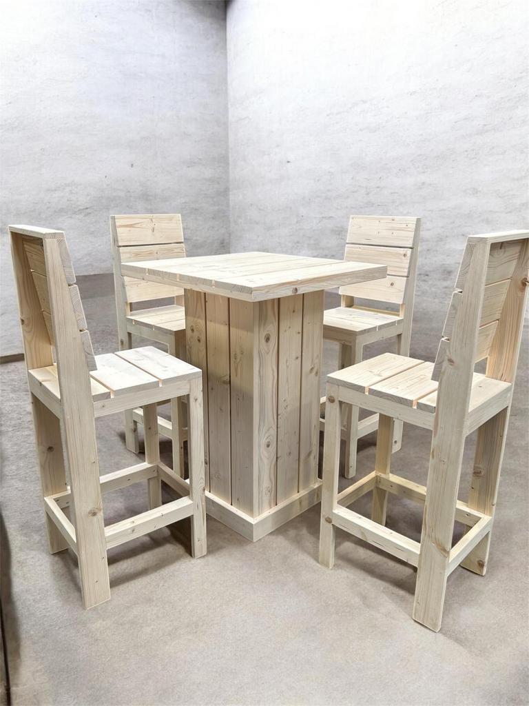 Houten bartafel met 4 barkrukken - 110cm hoog, Huis en Inrichting, Barren, Nieuw, Inclusief barstoelen, Ophalen of Verzenden