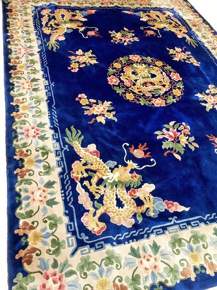 Groot Chinees tapijt handgeknoopt vloerkleed wol klassiek, Ophalen, Blauw, 200 cm of meer, Zo goed als nieuw