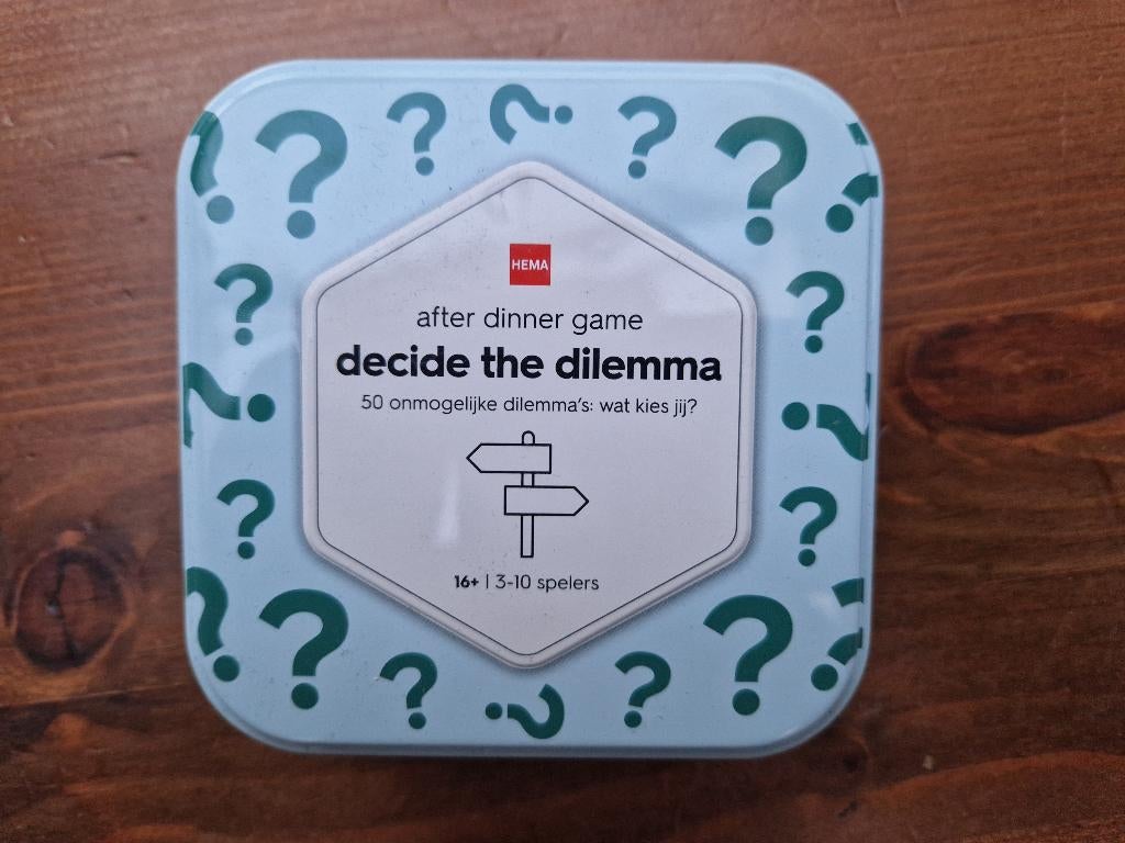 After‑dinner dilemma kaartspel – in blik, als nieuw, Vijf spelers of meer, Ophalen of Verzenden, Zo goed als nieuw, HEMA
