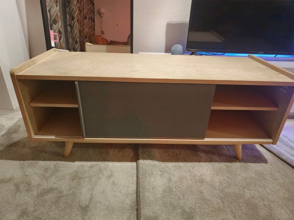 Retro style tv-meubel  lowboard met schuifdeur – houtlook, Huis en Inrichting, Ophalen, Gebruikt, 100 tot 150 cm, Minder dan 100 cm