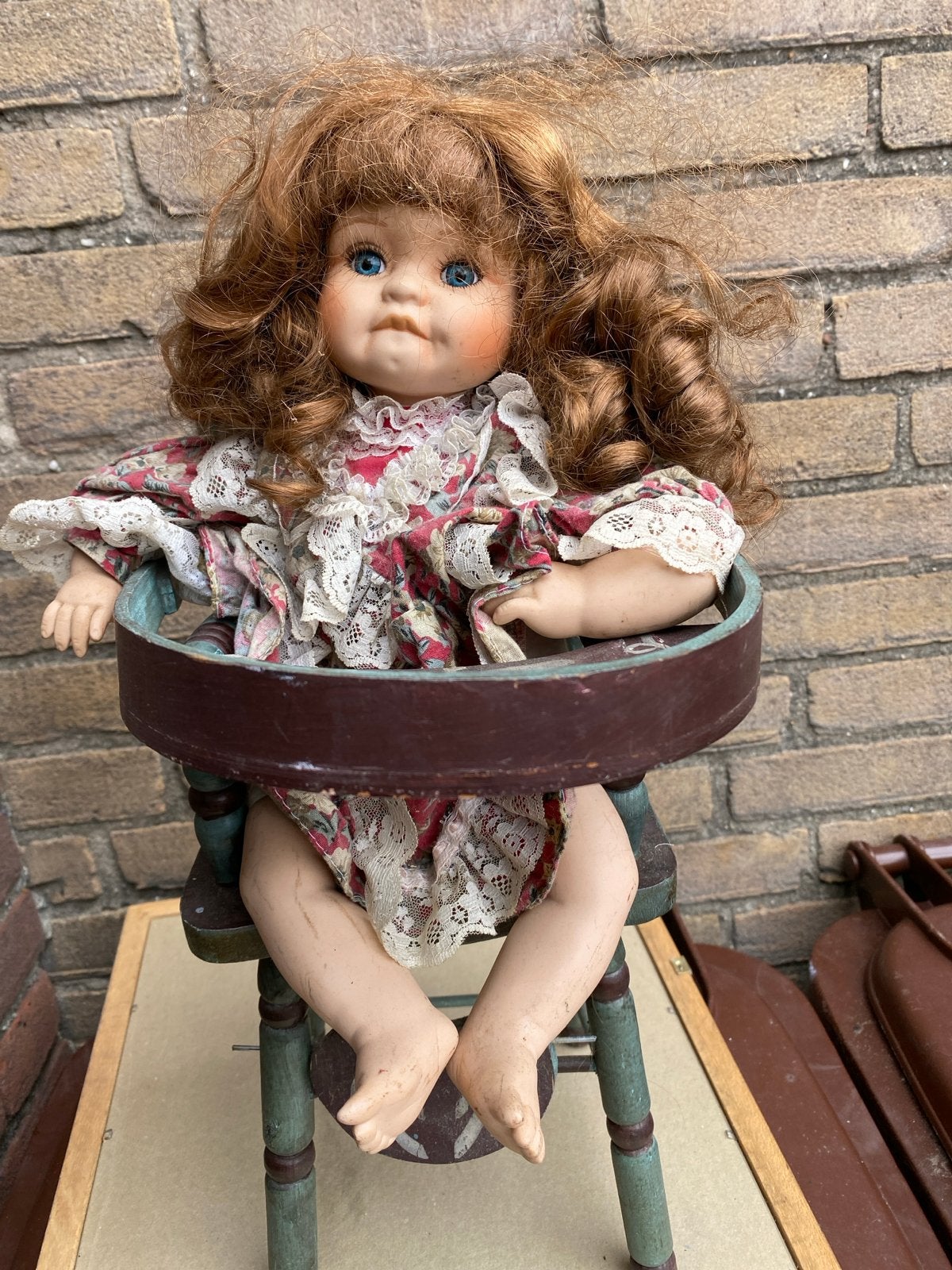 Vintage porseleinen pop met rood haar en blauwe ogen, Ophalen of Verzenden, Gebruikt, Pop