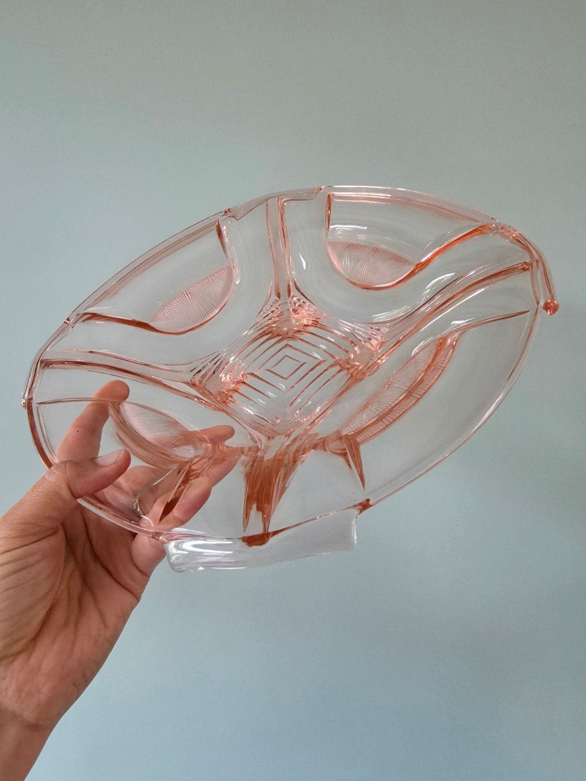Grote Art Deco schaal van Walther & Söhne, roze persglas, Ophalen of Verzenden
