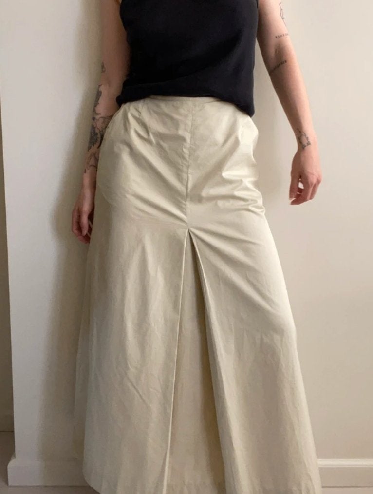 Beige/yellow maxi pleated linen 36/38 skirt, Maat 38/40 (M), Beige, Ophalen of Verzenden, Vintage