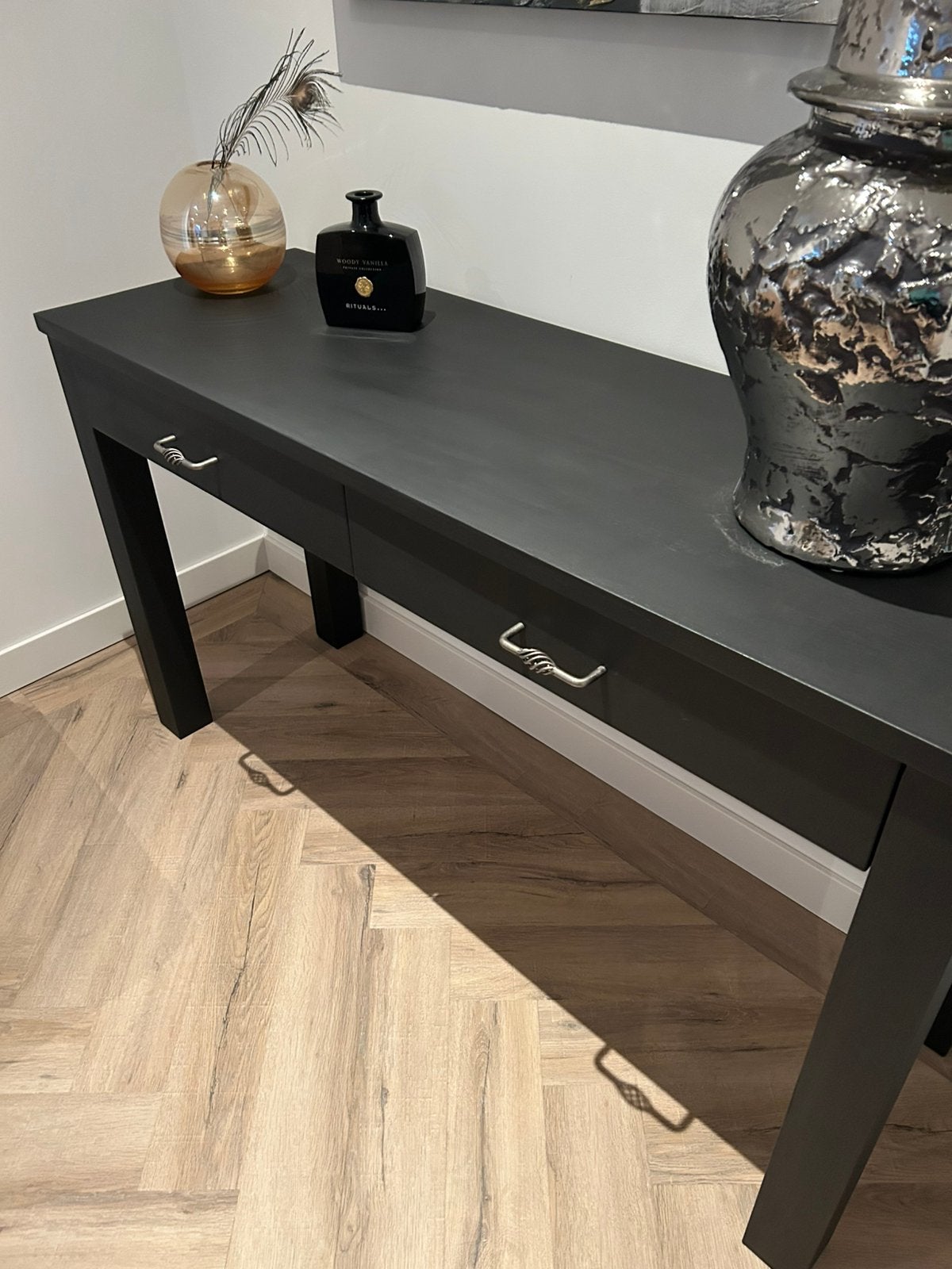 Sidetable massief eiken, Ophalen, 100 tot 150 cm, Zo goed als nieuw, 25 tot 50 cm