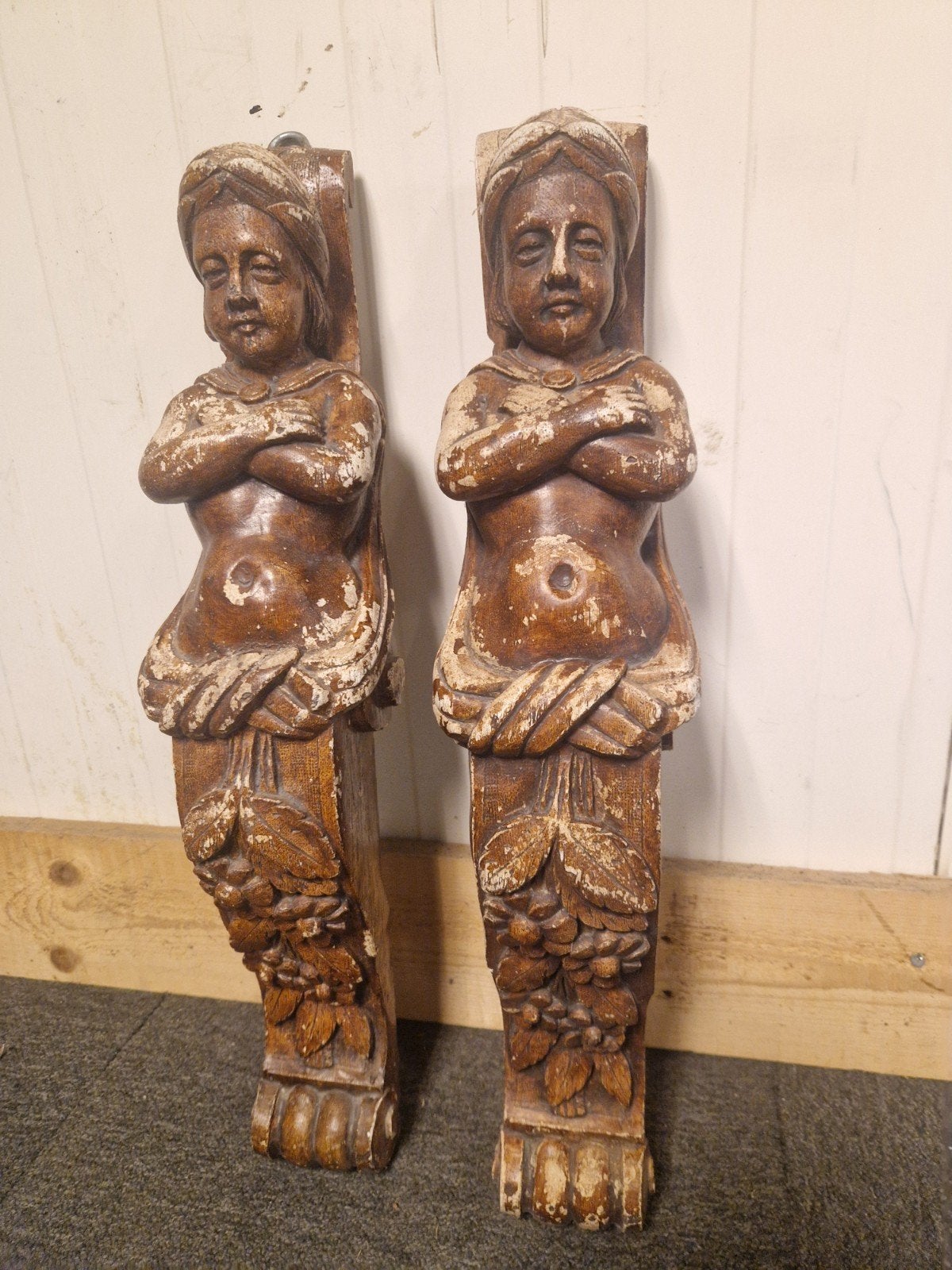Antieke Putti/Kariatiden - Houten Beelden (2 stuks), Ophalen of Verzenden