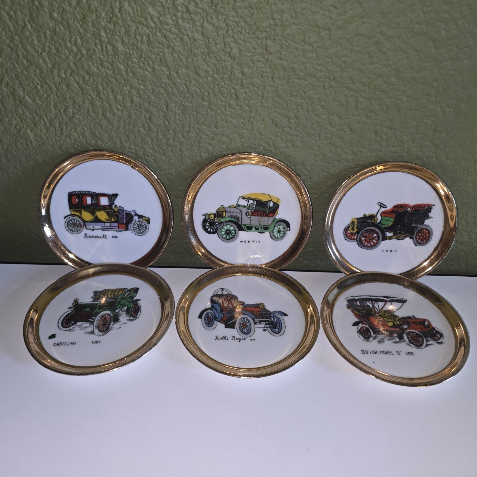 Vintage porseleinen onderzetters oldtimers – 6-delige set, Ophalen of Verzenden