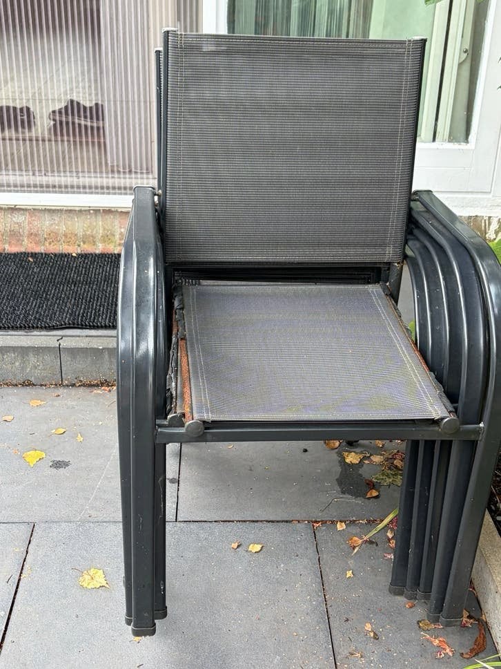 Set van 6 stapelbare tuinstoelen, grijs metaal en textileen, Tuin en Terras, Ophalen, Gebruikt, Metaal, Stapelbaar