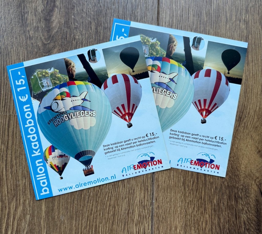 Kadobon luchtballonvaart - EUR 30,00 korting, Tickets en Kaartjes, Kortingen en Cadeaubonnen, Twee personen, Cadeaubon
