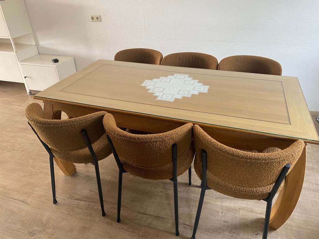 Eikenhout eettafel 90x180 met glasplaat op maat, Ophalen, Eikenhout, 200 cm of meer, Zo goed als nieuw