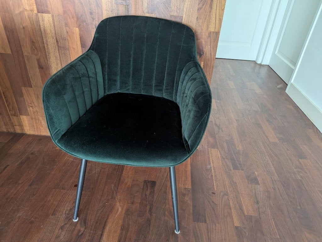 6x Kwantum eetkamerstoelen — donkergroen velvet, Ophalen, Zo goed als nieuw, Overige kleuren, Vijf, Zes of meer stoelen