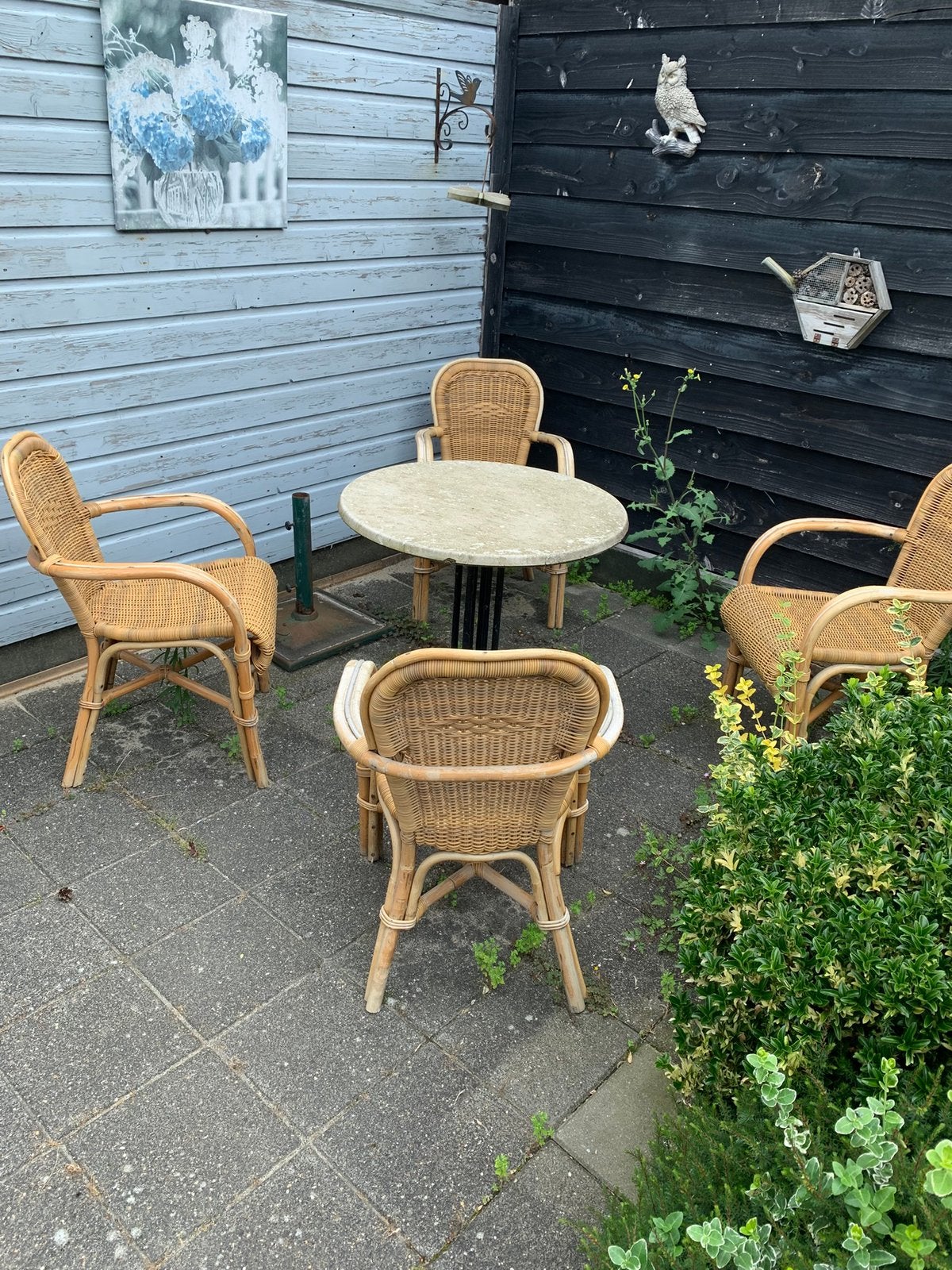 4 rieten of rotan  stoeltjes, Tuin en Terras, Tuinstoelen, Ophalen, Zo goed als nieuw, Rotan
