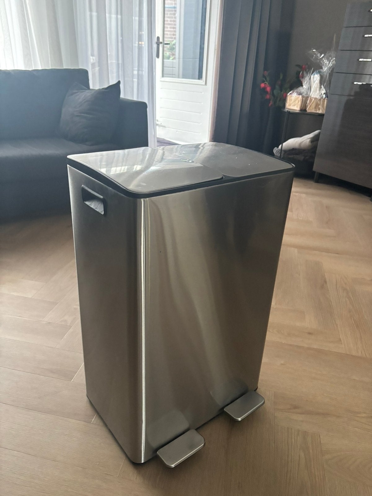 Rvs dubbele prullenbak, Huis en Inrichting, Woonaccessoires | Prullenbakken, Ophalen, 50 tot 75 cm, 40 liter of meer, Zo goed als nieuw