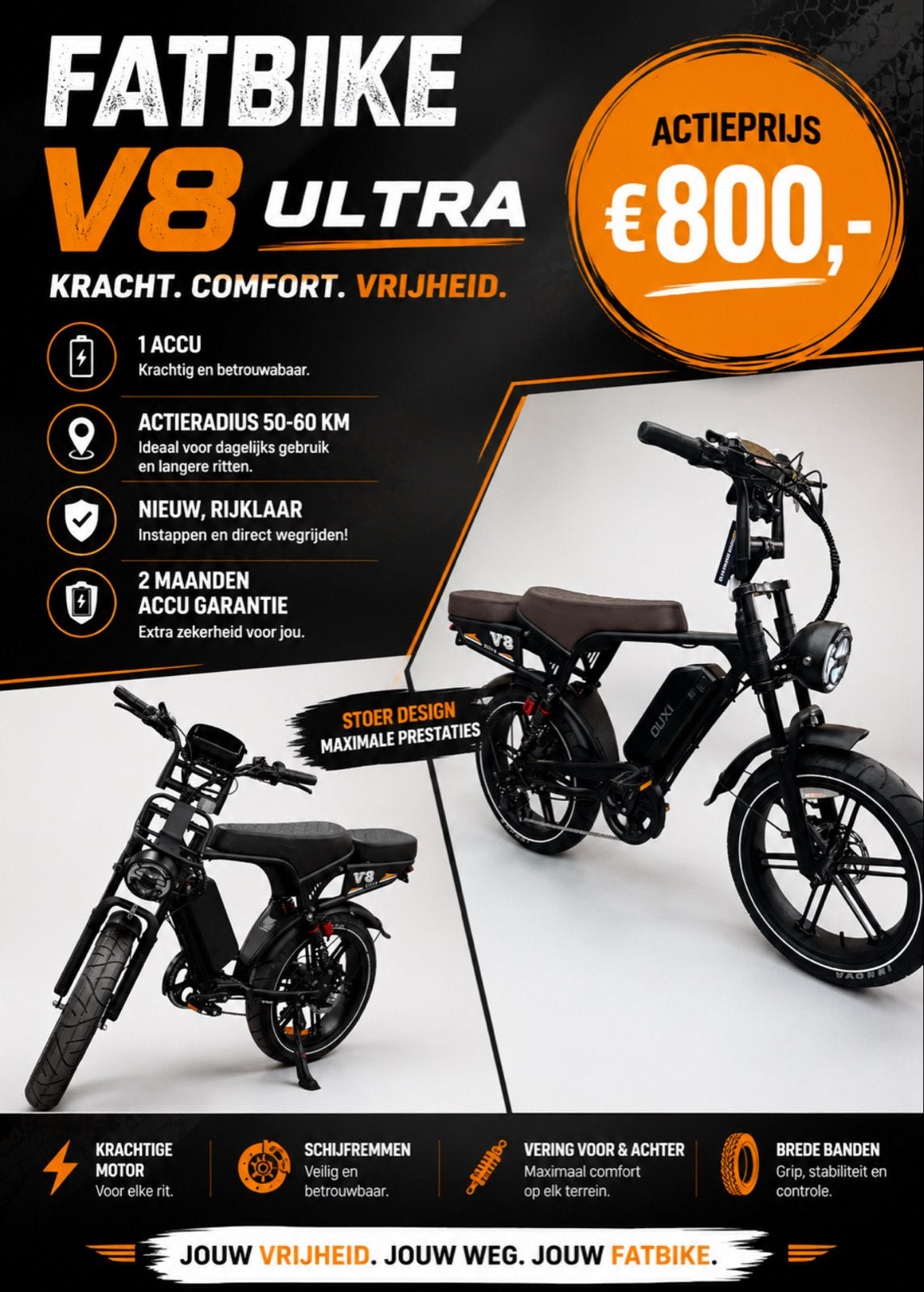 NIEUWE!! Fatbike V8 Ultra - Kracht, Comfort, Vrijheid, Nieuw, 47 tot 51 cm, 50 km per accu of meer, Ophalen