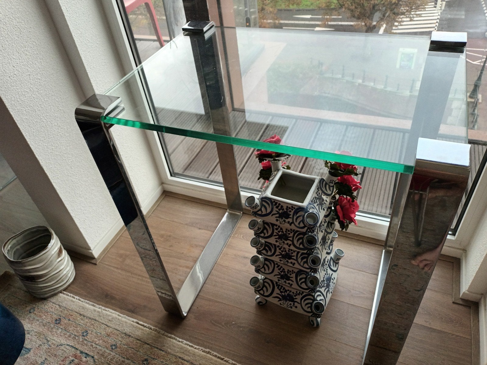 Glazen bijzettafel met chromen onderstel - 80x55x90cm, Ophalen, Gebruikt, Glas, 75 cm of meer