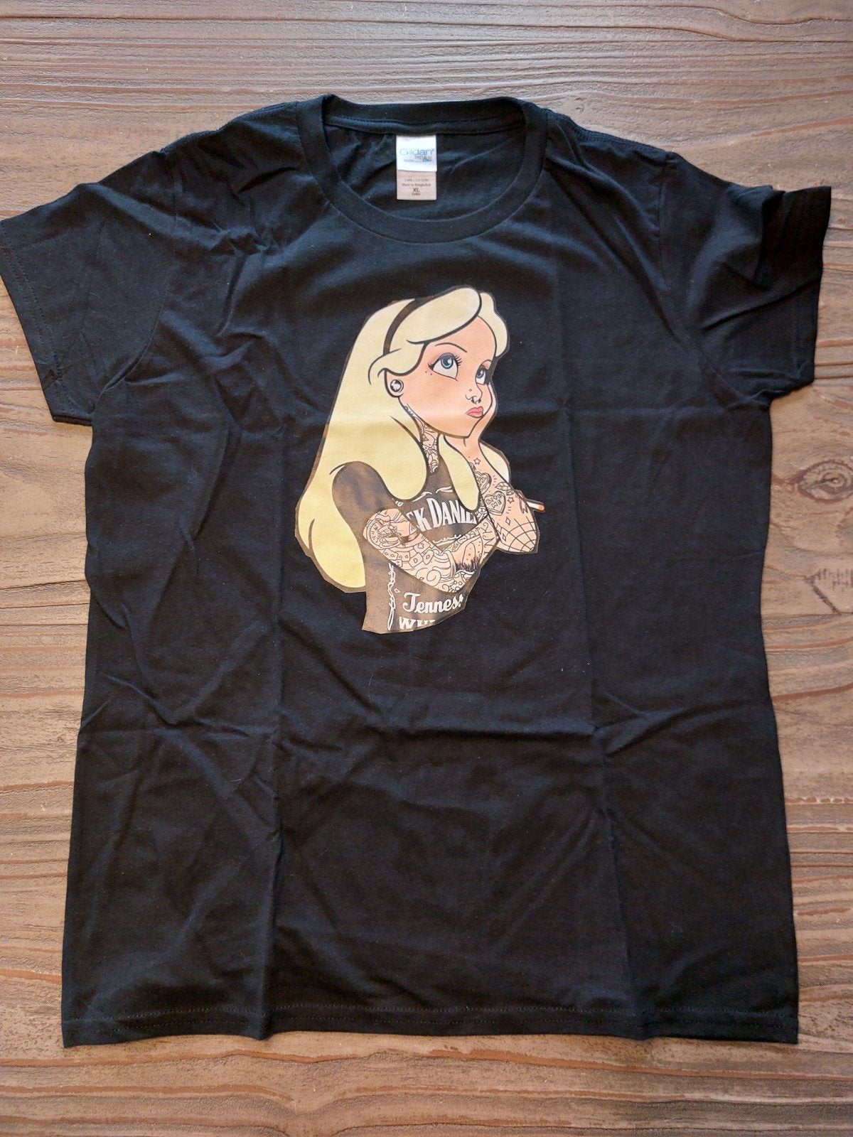 Zwart dames T-shirt met Alice in Wonderland Jack Daniels, Zwart, Maat 46/48 (XL) of groter, Nieuw, Ophalen of Verzenden